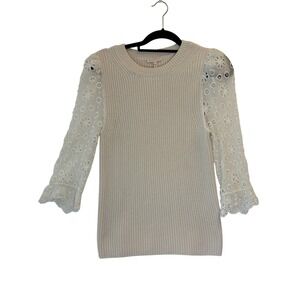Rebecca Taylor Eyelet Lace Sleeve Sweater L Womens Cream Excellent Ribbed Knit